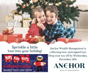 A boy and girl on Christmas morning in front of a Christmas tree with gifts wrapped in red, gold and white paper surrounding them